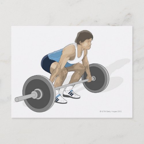 Illustration of man crouching preparing to lift postcard