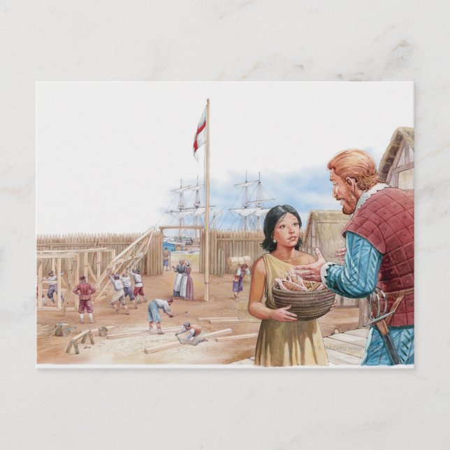 Illustration of Pocahontas visiting Captain John Postcard (Front)