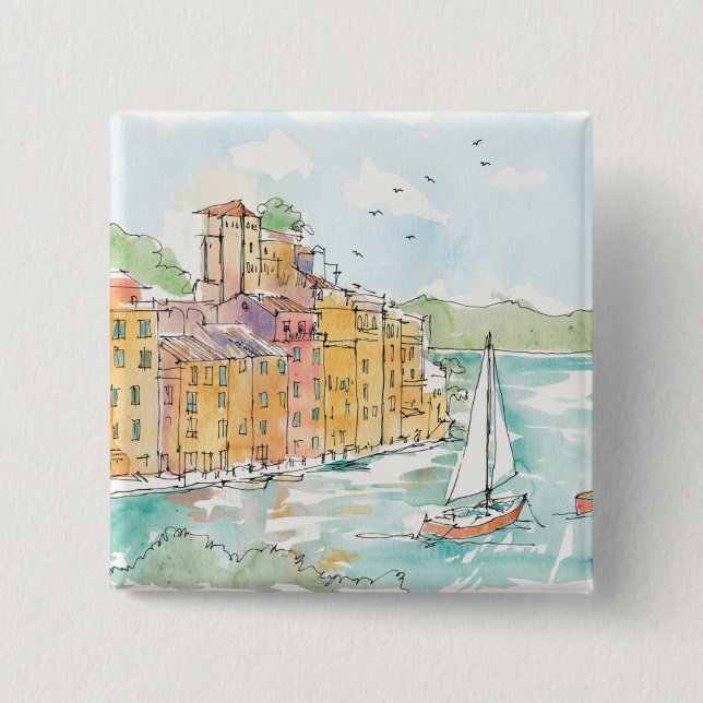 Illustration of Porofino Harbor With Sailboat Button (Front)