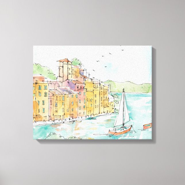 Illustration of Porofino Harbor With Sailboat Canvas Print (Front)