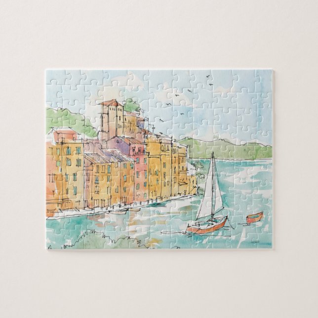 Illustration of Porofino Harbor With Sailboat Jigsaw Puzzle (Horizontal)