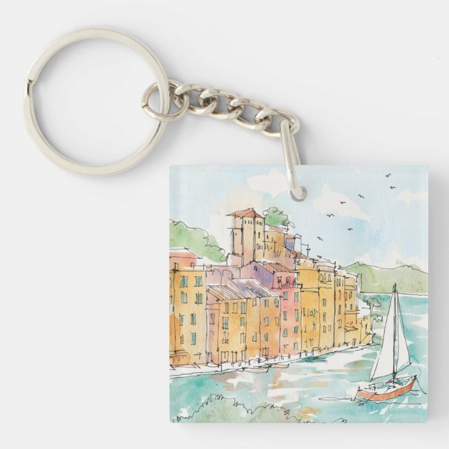 Illustration of Porofino Harbor With Sailboat Keychain (Front)