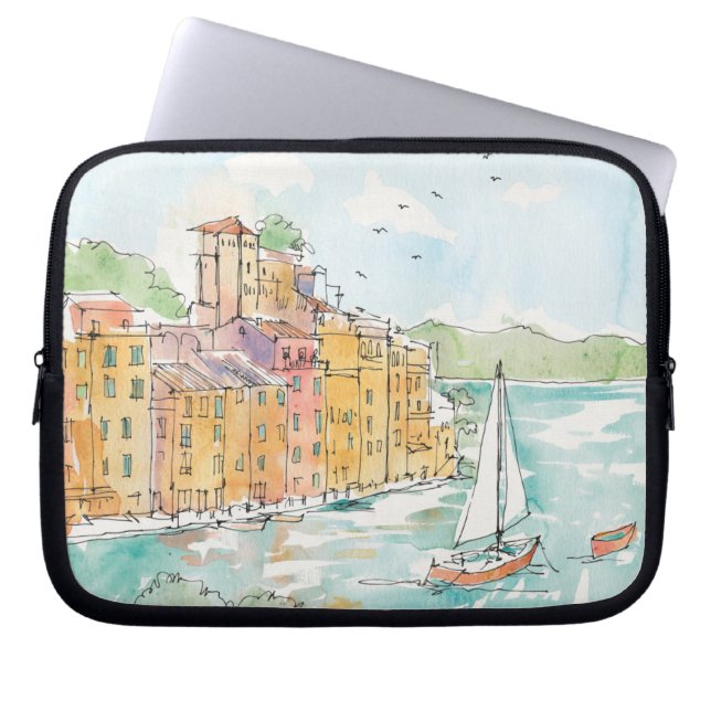 Illustration of Porofino Harbor With Sailboat Laptop Sleeve (Front)