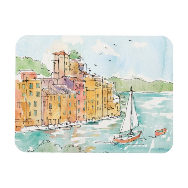 Illustration of Porofino Harbor With Sailboat Magnet (Horizontal)