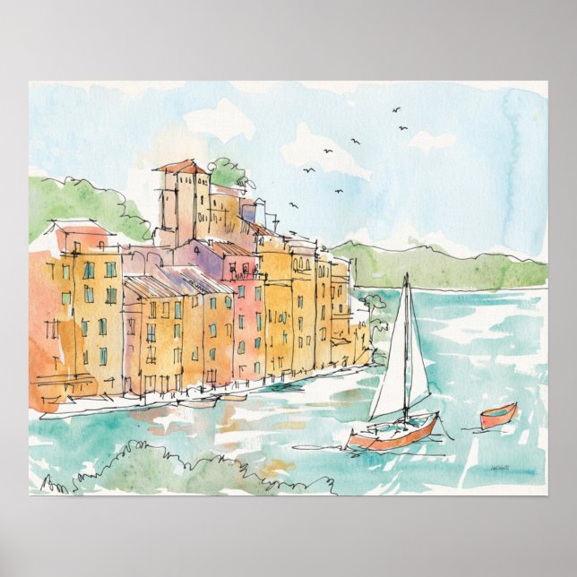 Illustration of Porofino Harbor With Sailboat Poster (Front)