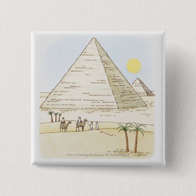 Illustration of pyramids and men with camels button (Front)