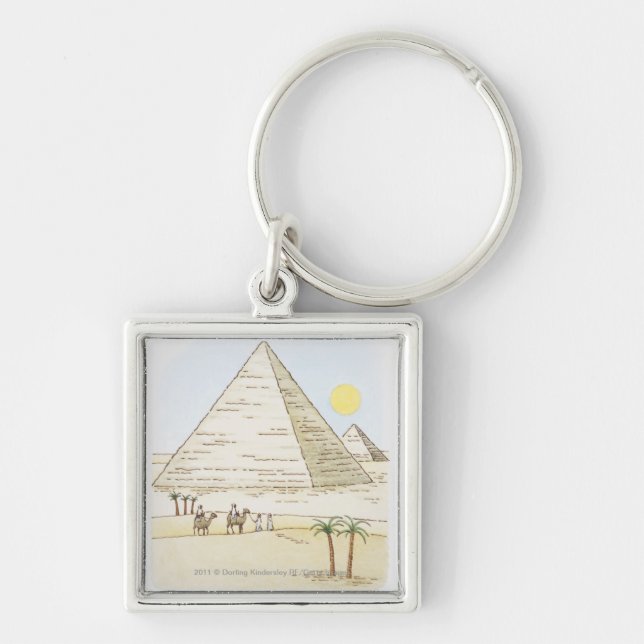 Illustration of pyramids and men with camels keychain (Front)