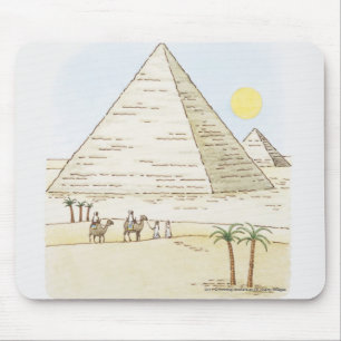 Illustration of pyramids and men with camels mouse pad