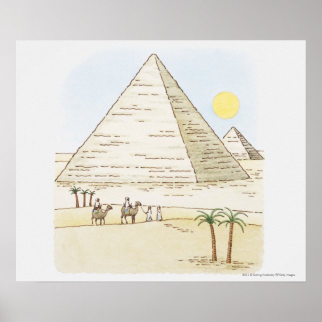 Illustration of pyramids and men with camels poster (Front)