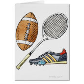 Illustration of rugby ball, tennis racquet, (Front)
