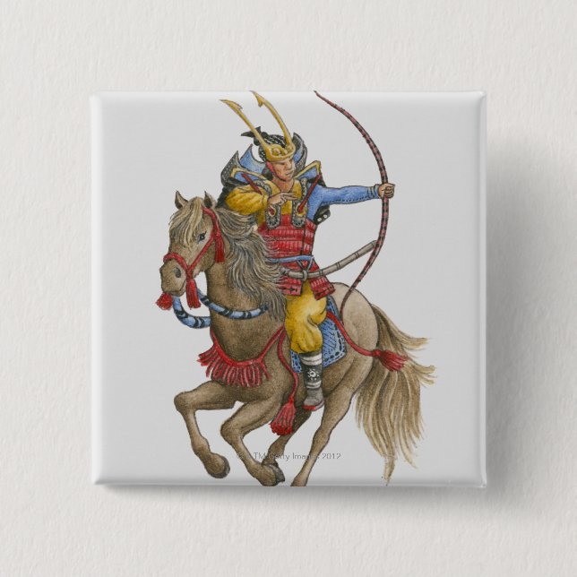 Illustration of Samurai on horseback holding bow Pinback Button (Front)