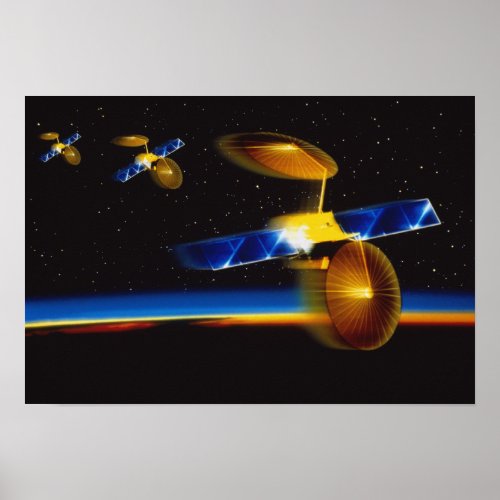 Illustration of satellites over Earths horizon Poster