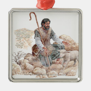 Illustration of shepherd finding his lost sheep metal ornament