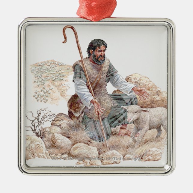 Illustration of shepherd finding his lost sheep metal ornament (Front)