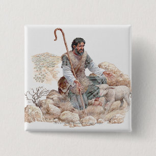 Illustration of shepherd finding his lost sheep pinback button