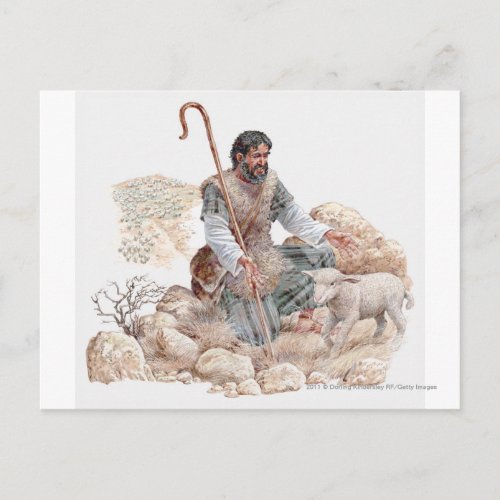 Illustration of shepherd finding his lost sheep postcard