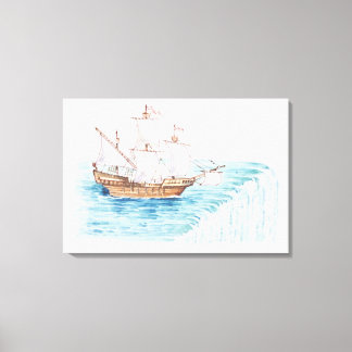Illustration of ship approaching edge of waterfall canvas print
