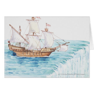 Illustration of ship approaching edge of waterfall cards