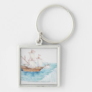 Illustration of ship approaching edge of waterfall keychain