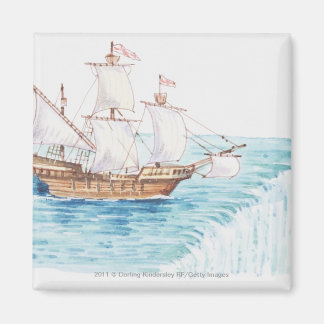 Illustration of ship approaching edge of waterfall magnet