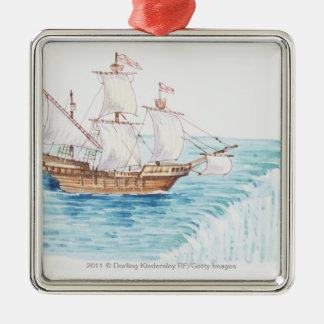 Illustration of ship approaching edge of waterfall metal ornament