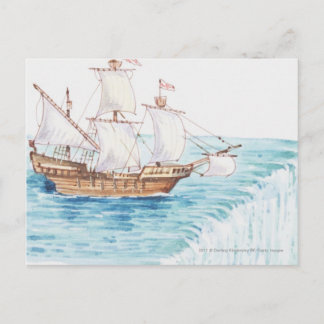Illustration of ship approaching edge of waterfall postcard