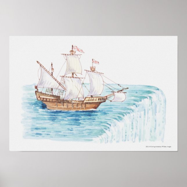 Illustration of ship approaching edge of waterfall poster (Front)