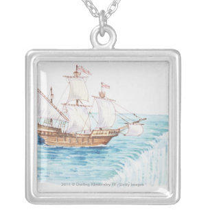 Illustration of ship approaching edge of waterfall silver plated necklace