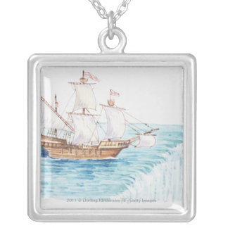 Illustration of ship approaching edge of waterfall silver plated necklace