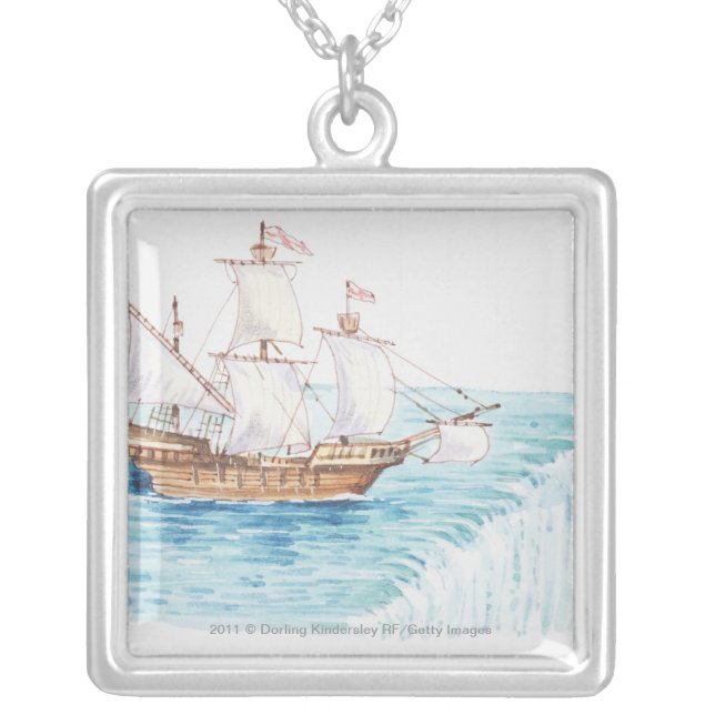 Illustration of ship approaching edge of waterfall silver plated necklace (Front)
