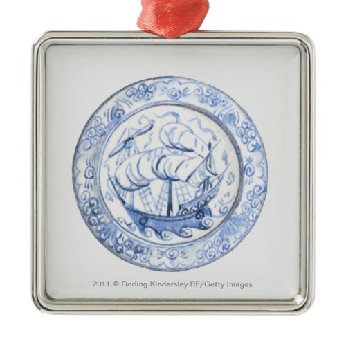 Illustration of ship on 16th century Iznik plate Metal Ornament