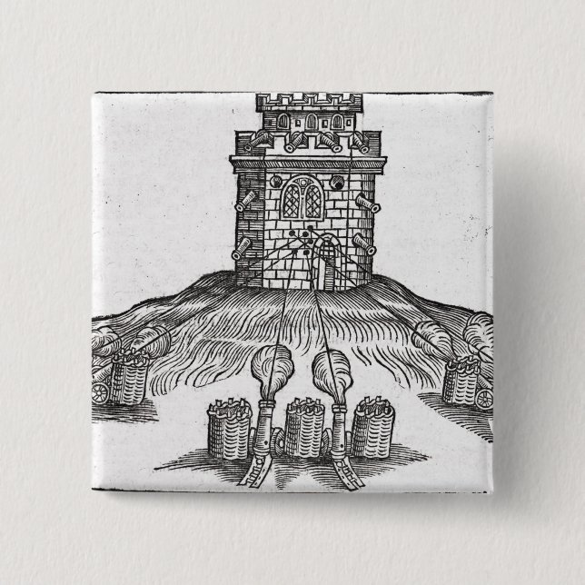 Illustration of siege warfare pinback button (Front)