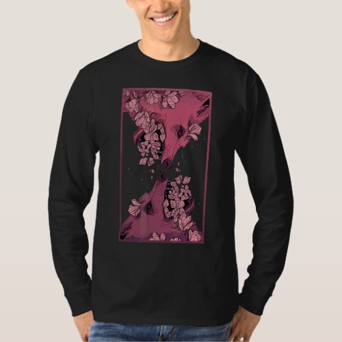 Illustration Of Skull And Wolves With Floral Creep T_Shirt