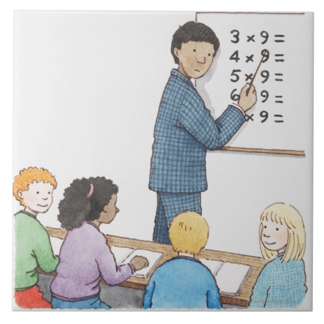 Illustration of teacher pointing at simple ceramic tile (Front)