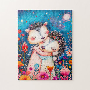 Illustration of two Hugging Hedgehogs in night at  Jigsaw Puzzle