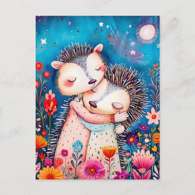 Illustration of two Hugging Hedgehogs in night at  Postcard (Front)