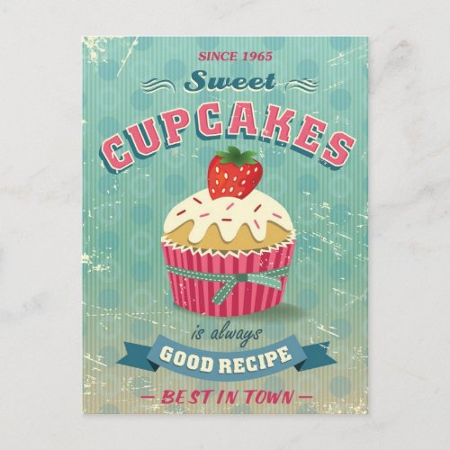 Illustration of vintage cupcakes sign postcard