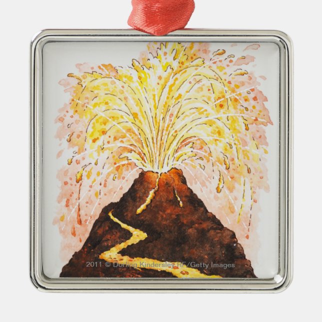 Illustration of volcano erupting metal ornament (Front)