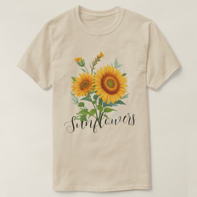 Illustration of Yellow Sunflowers Floral Botanical T-Shirt (Design Front)