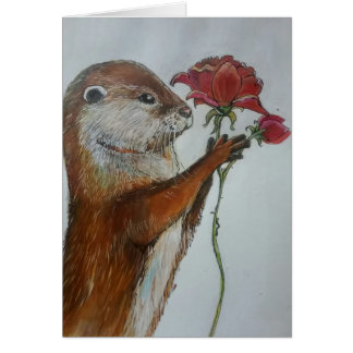 Illustration otter holding a single red rose cards