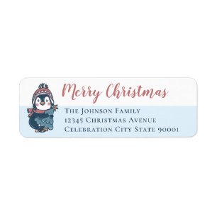 Illustration Penguin Merry Christmas Script Label