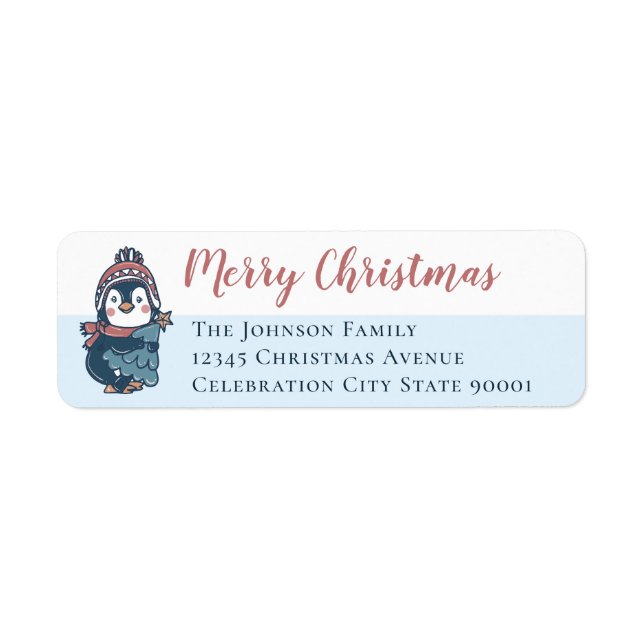 Illustration Penguin Merry Christmas Script Label (Front)