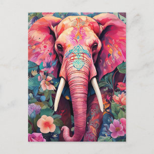 Illustration pink elephant with flowers postcard