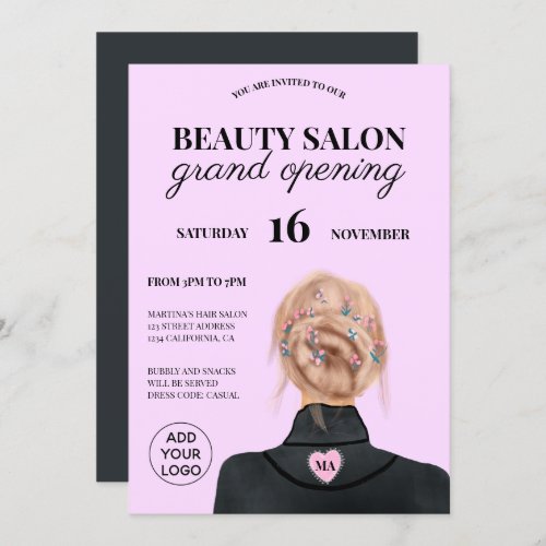 Illustration purple beauty salon grand opening invitation