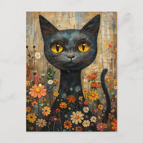 Illustration sweet cat with flowers postcard