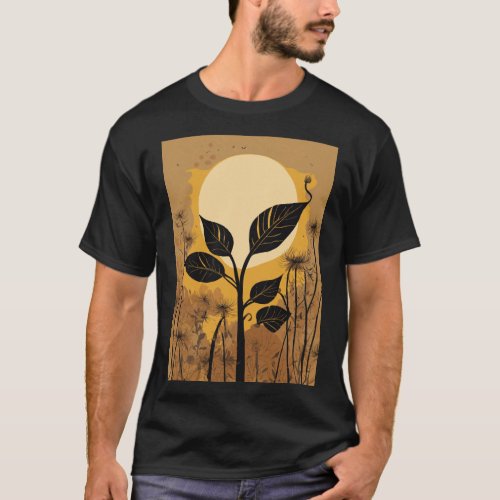 Illustration with a dark yellow sun behind a black T_Shirt