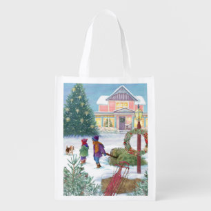  Illustration with Kids and Snow Cover House Grocery Bag