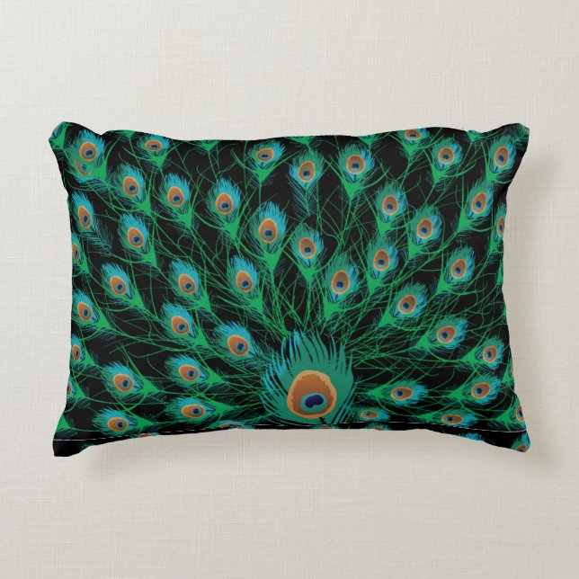 Illustration With Peacock Feathers on Black Accent Pillow (Front)