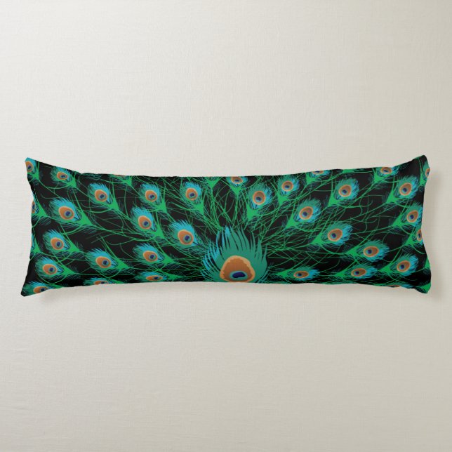 Illustration With Peacock Feathers on Black Body Pillow (Front)
