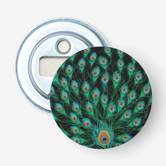 Illustration With Peacock Feathers on Black Bottle Opener (Front)